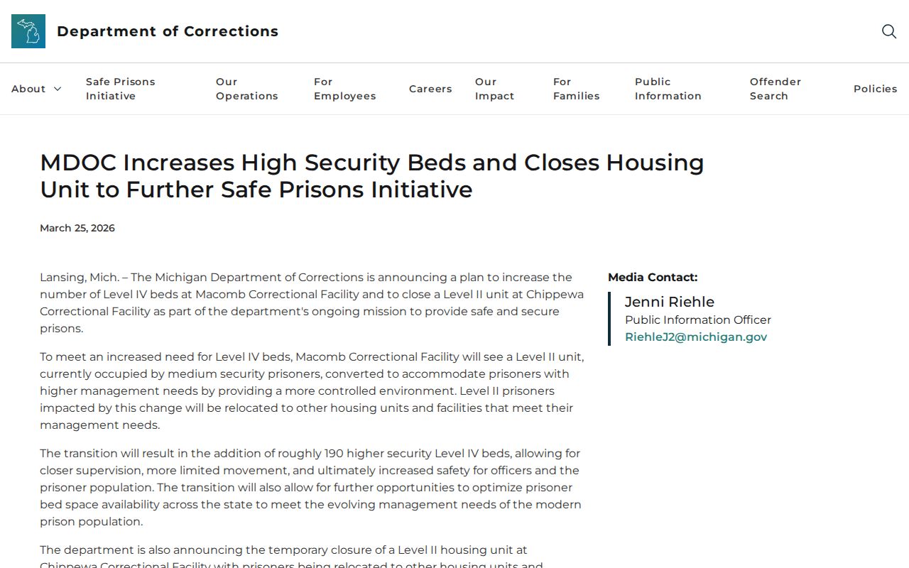 Chippewa Correctional Facility MDOC unit transfer announcement and release distinction