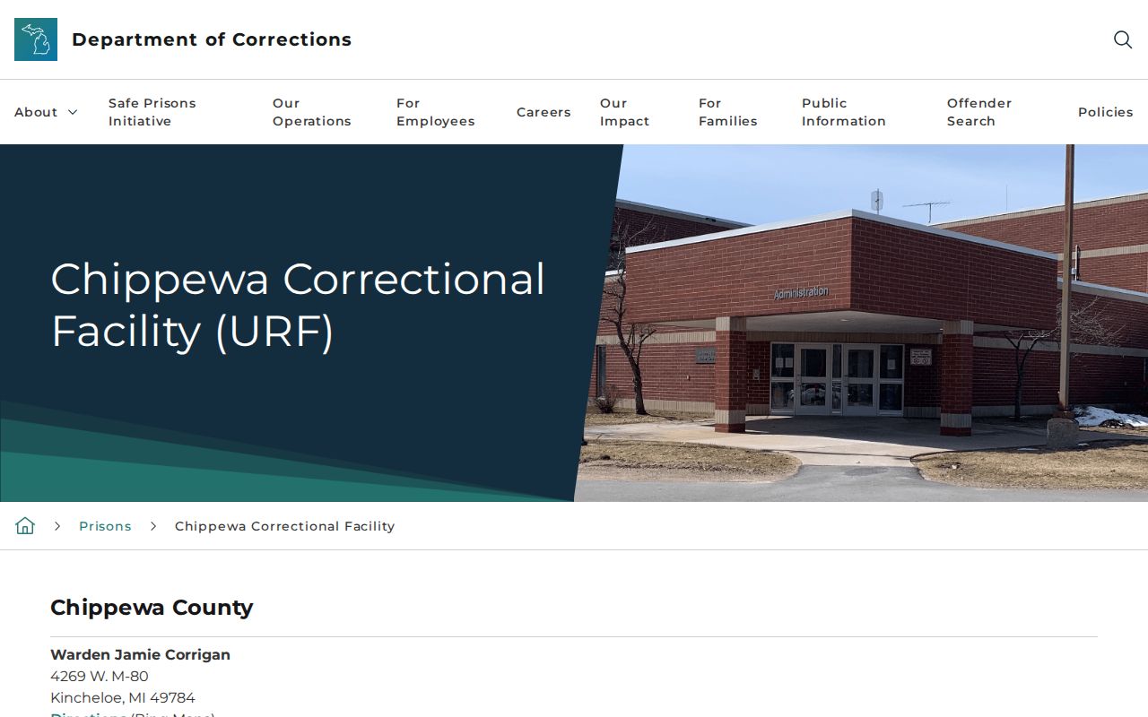 Chippewa Correctional Facility official MDOC prison record and release contact page