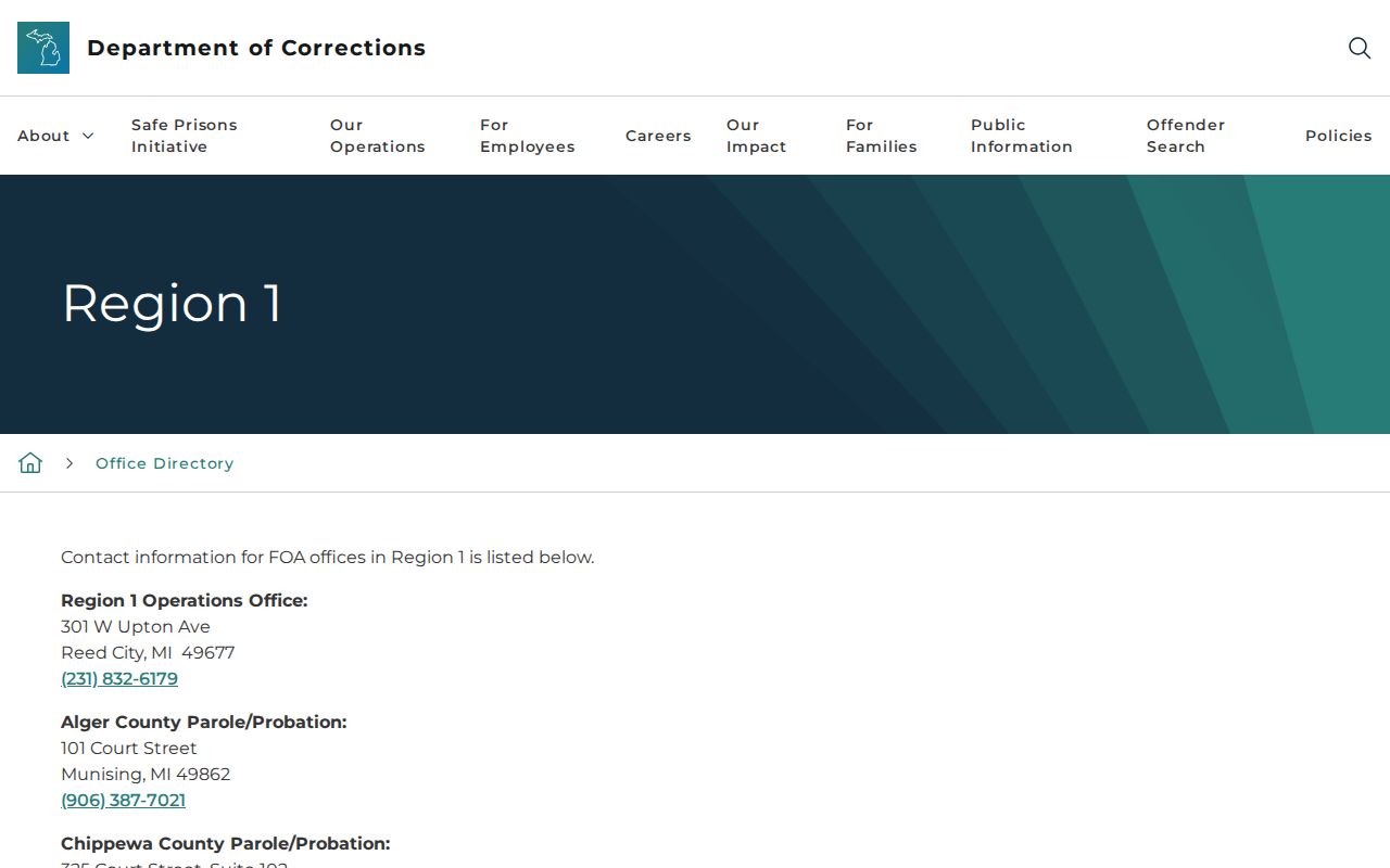 Chippewa County parole and probation Region 1 office directory