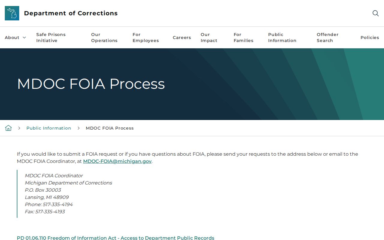 Kinross Correctional Facility discharge records through the MDOC FOIA process