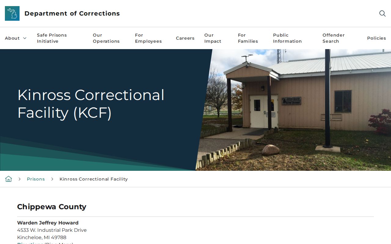 Kinross Correctional Facility official MDOC prison and release contact page
