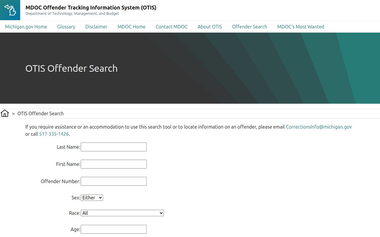 Michigan OTIS search form with offender status choices